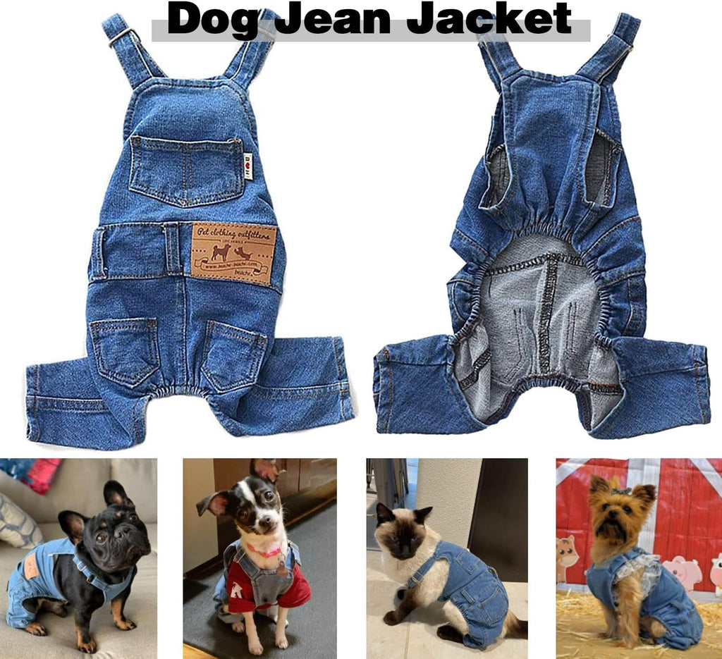 Blue denim dog overalls jumpsuit with adjustable straps, chest pockets, and back opening