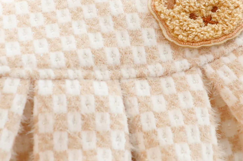 Light coffee check cotton skirt fabric with textured weave and embroidered patch edge