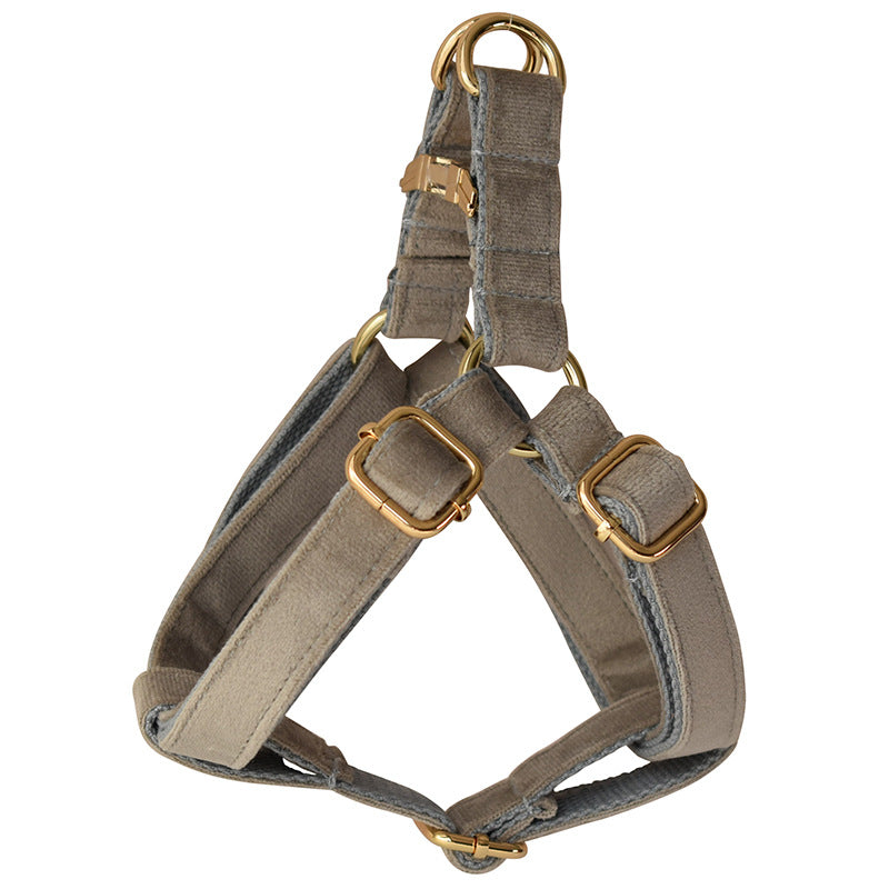 Pet flannel harness chest strap with gold D-rings and buckle, front view