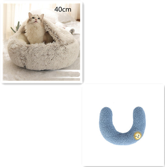 Round plush pet bed insert, blue U-shape with chick patch, 40cm