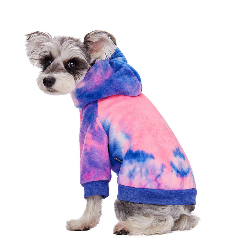 Tie-dye dog hoodie with blue and pink swirls and a blue hood