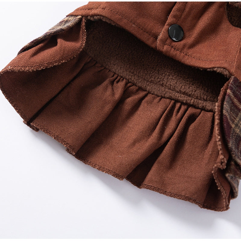 Brown pet sweater dress with ruffled skirt trim and buttoned neckline placket