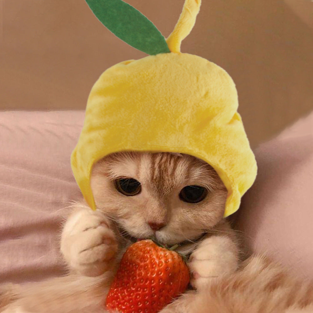 Yellow plush bunny hat with green ear accents and a front face opening
