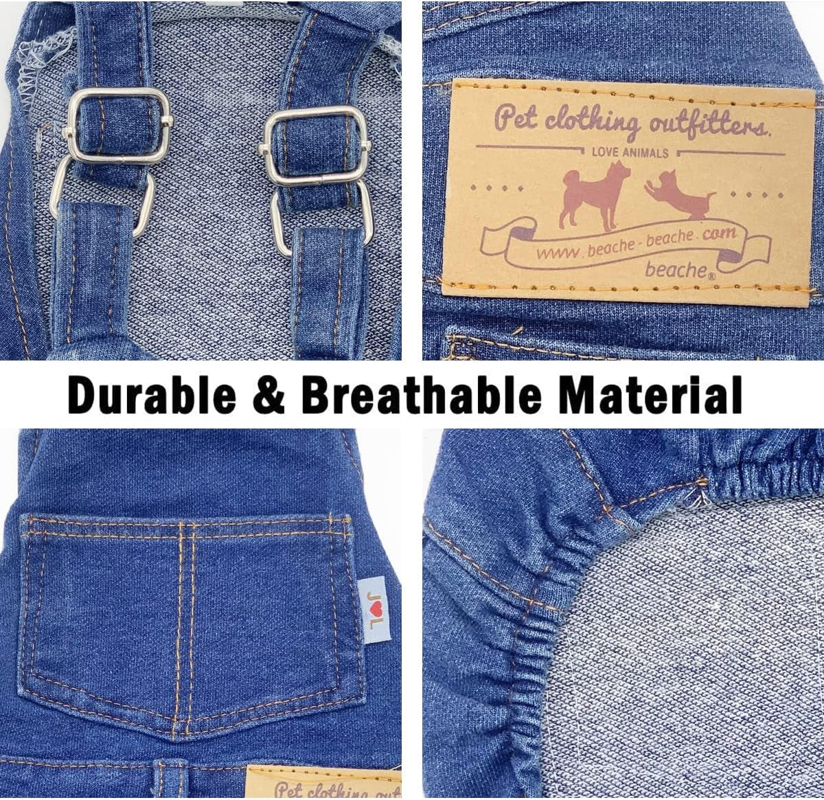 Blue denim overalls close-up with metal buckles, stitched pockets, and reinforced seams