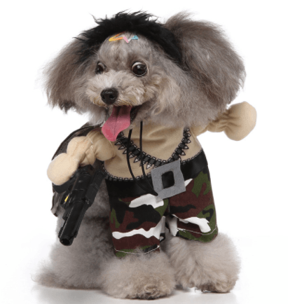 Camo soldier dog costume with beige shirt, black vest, and camo pants