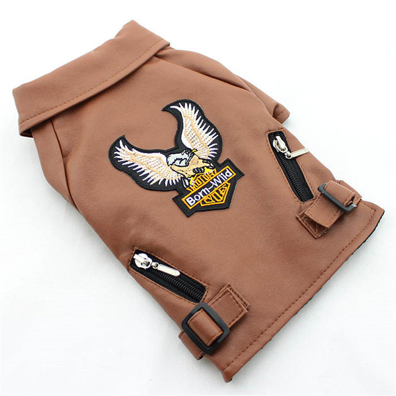 Pet dog jacket, tan outerwear with embroidered eagle patch, front zipper, and belt straps