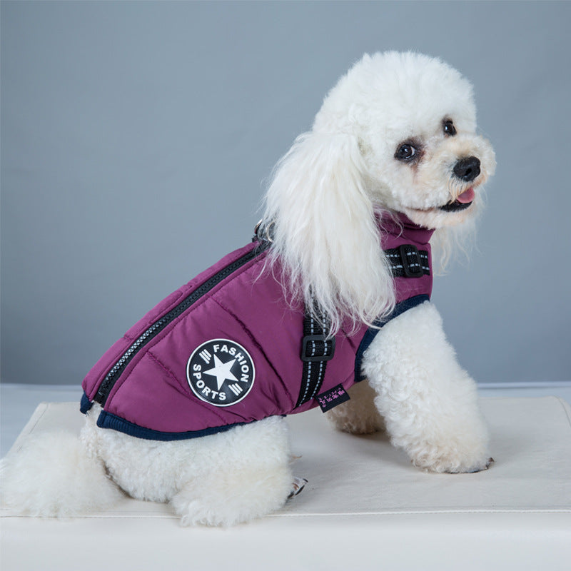 Dog waterproof puffer coat with built-in harness, purple, side pose