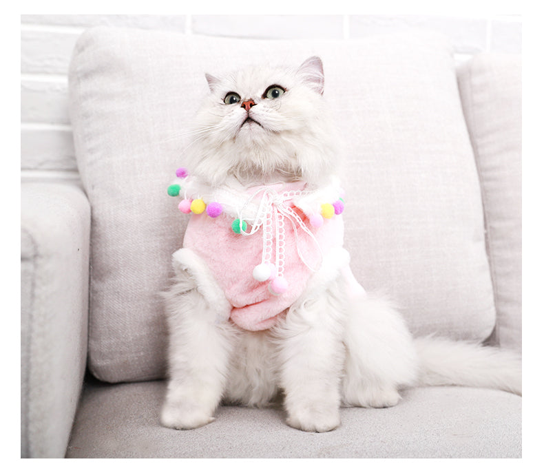 Lightweight pink pet hoodie with lace front, pom-pom and beaded trim