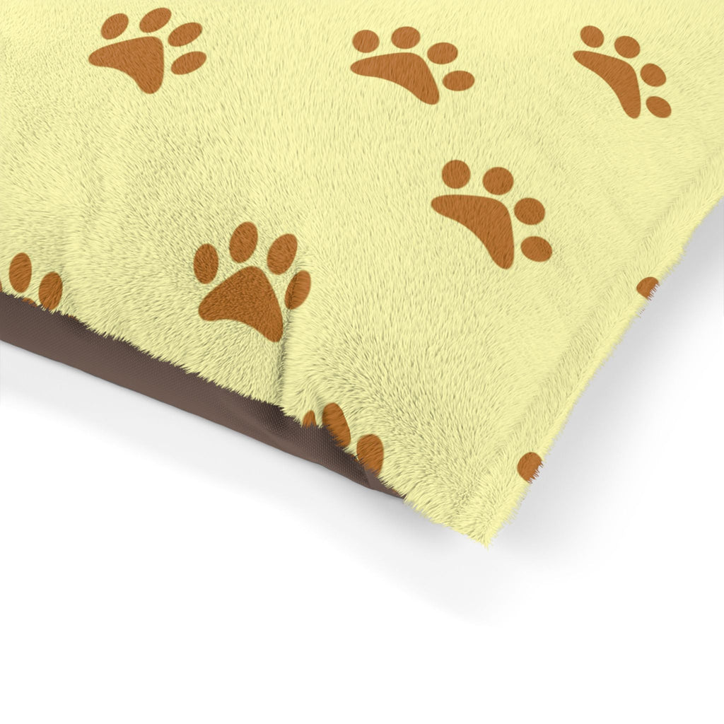 Golden Pawprints on Buttercream Sky Pet Bed — Coral Fleece, Removable Cover, 40" × 30"