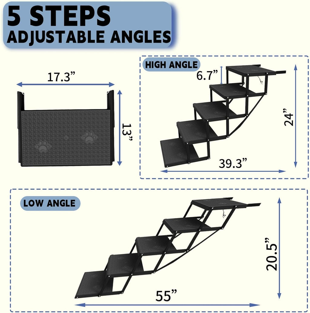 Adjustable-angle 5-step dog stairs with multiple height positions