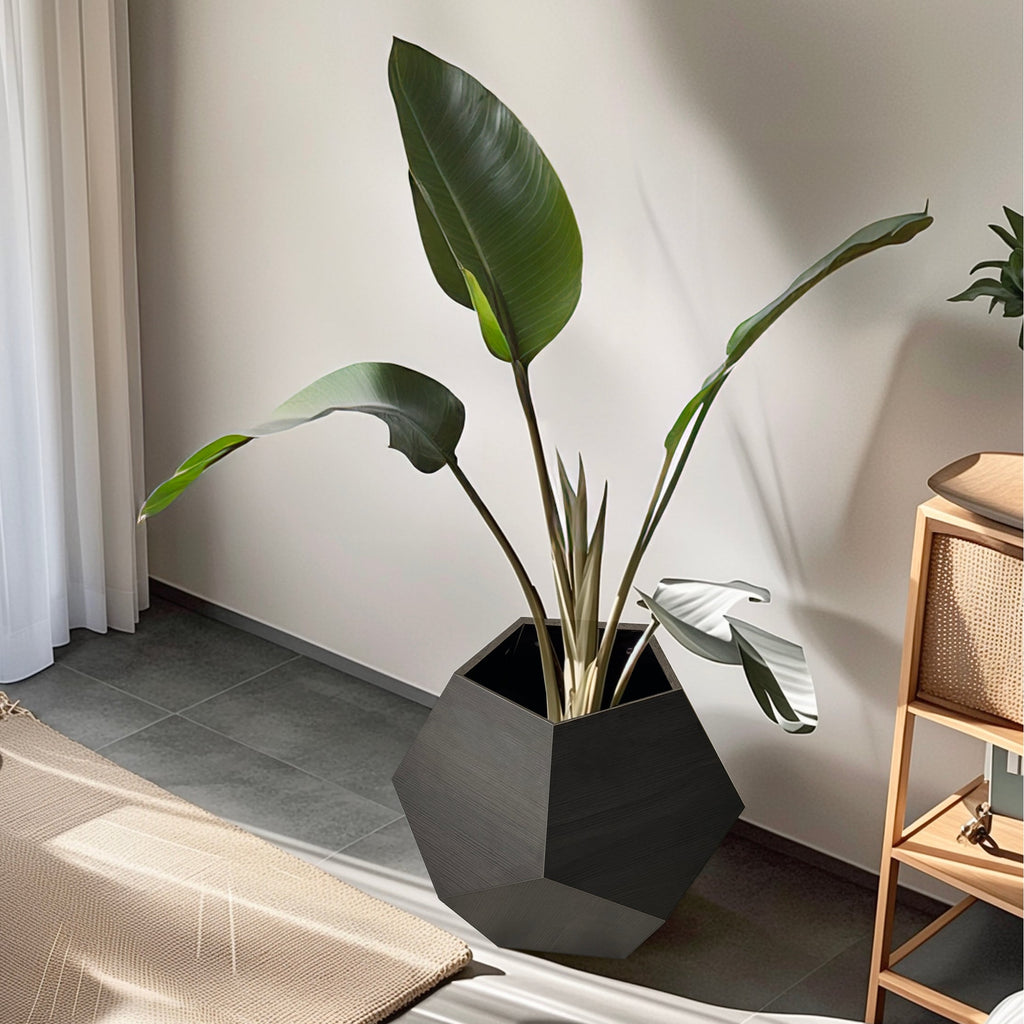 Hexagon planter-style pet furniture in dark gray MDF with open top bowl