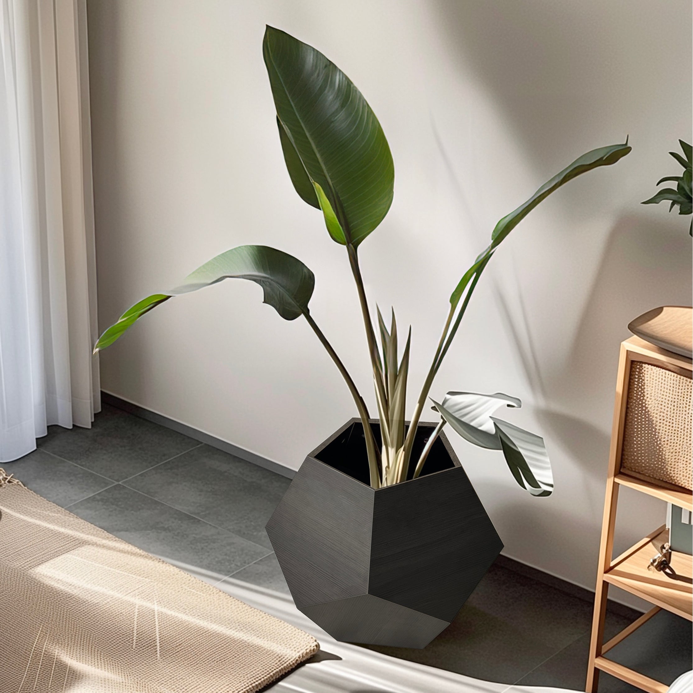 Hexagon planter-style pet furniture in dark gray MDF with open top bowl