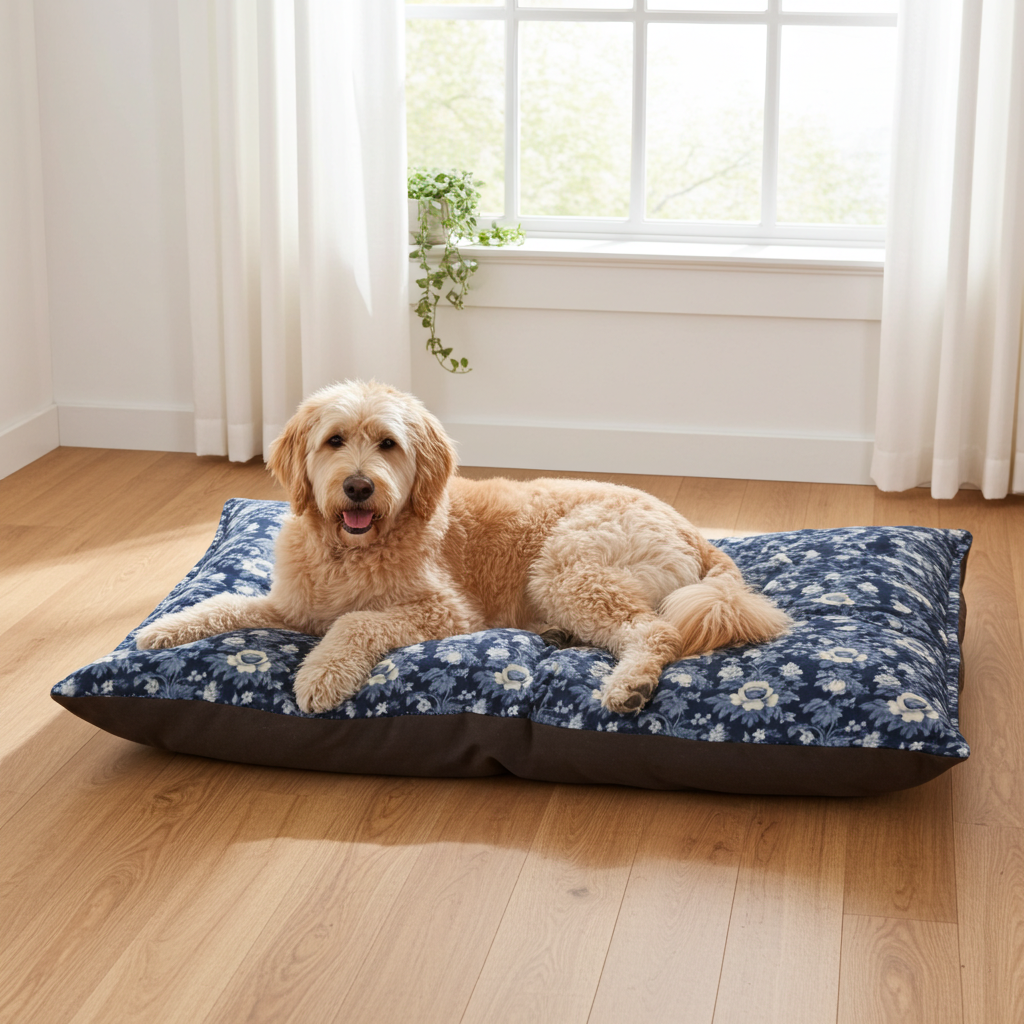 Midnight Blue Garden in Bloom Pet Bed — Coral Fleece, Removable Cover, 40" × 30"