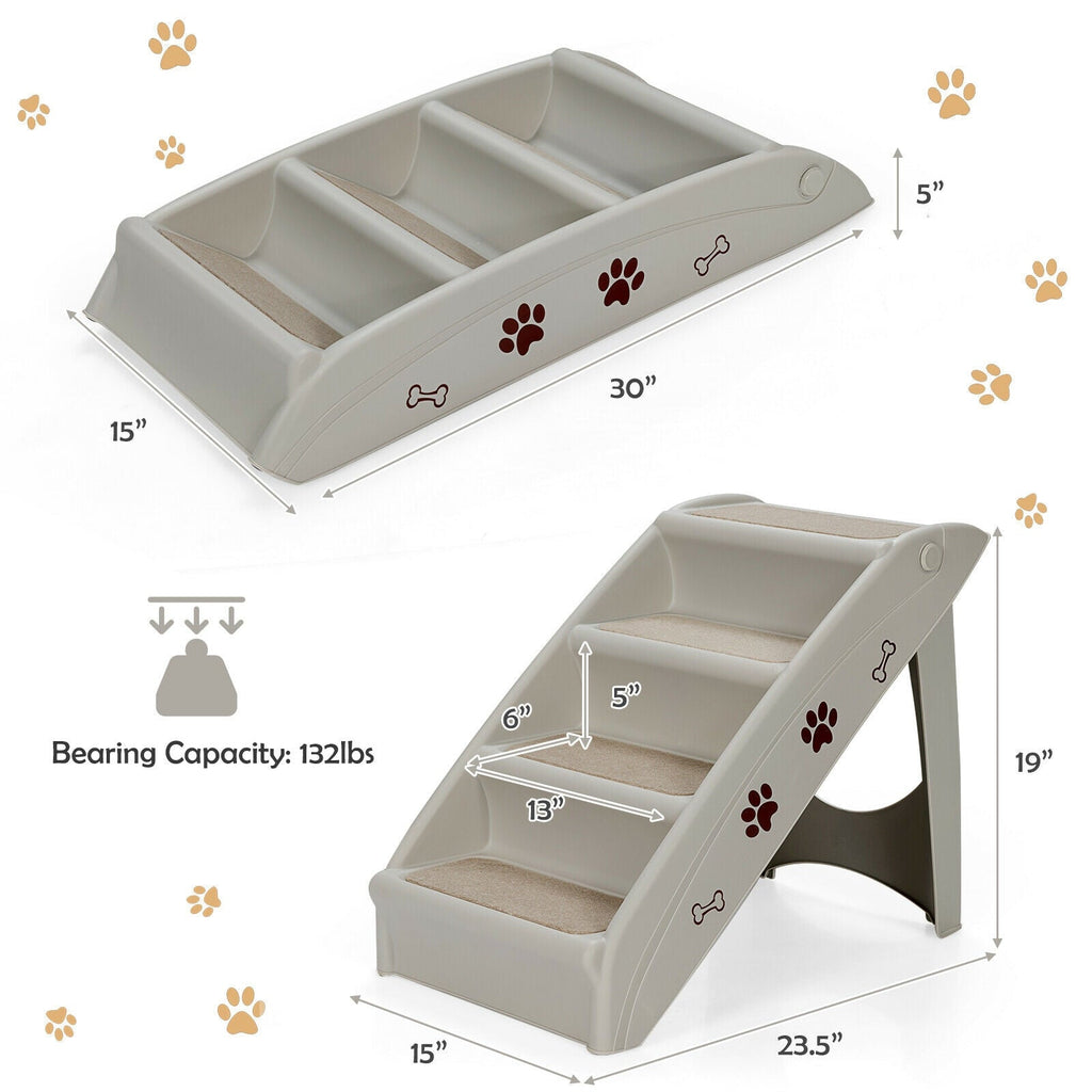 Collapsible plastic pet stairs, gray with beige non-slip steps and paw-print decals