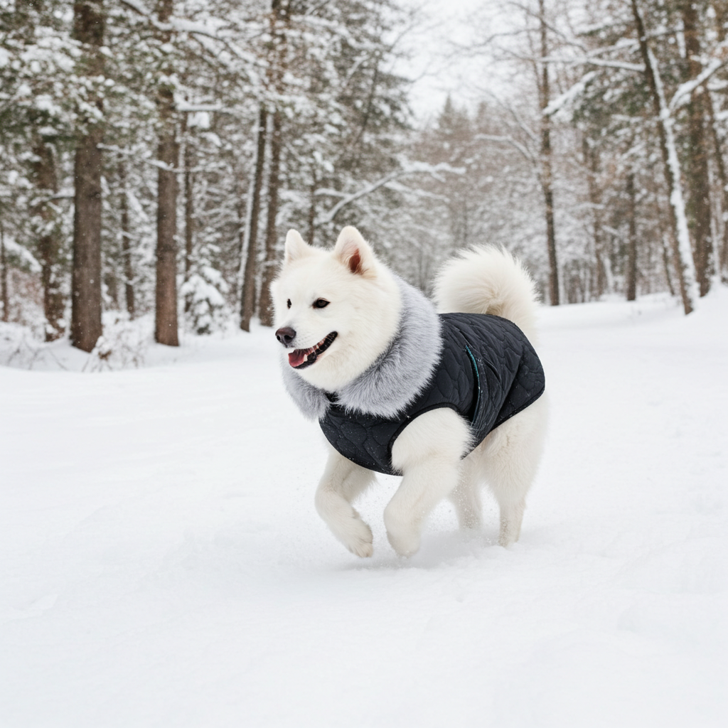 Dark dog fur-and-fleece jacket with cushioned collar on a walking dog