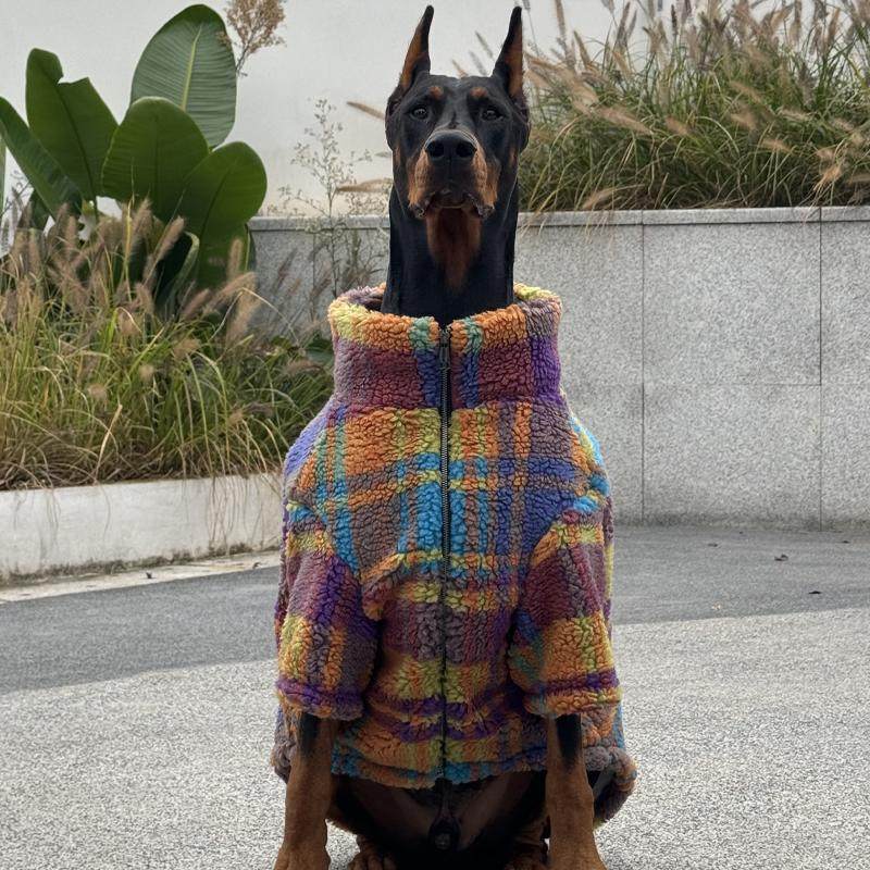 Dog fleece-lined coat in multicolor plaid fleece, full front zipper and stand collar.