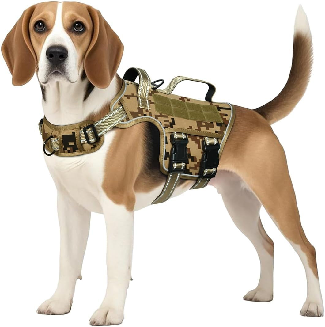 Dog tactical MOLLE harness, khaki camo vest with front buckles and chest strap
