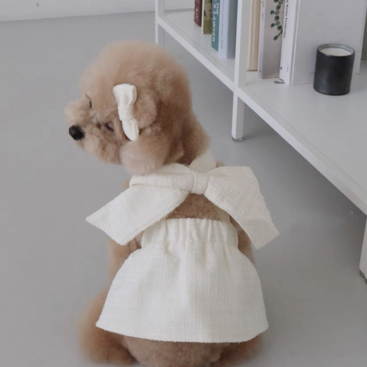 Dog sling skirt outfit in off-white with large bow and layered flared skirt