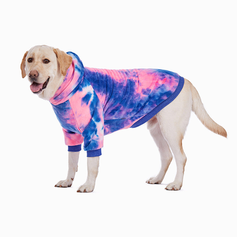Tie-dye dog hoodie with pink and blue swirl pattern, hooded with ribbed cuffs