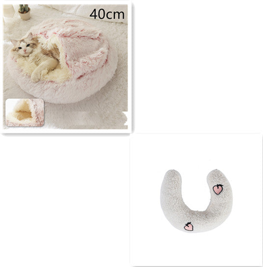 U-shaped plush pet cushion with small heart and strawberry-style embroidery