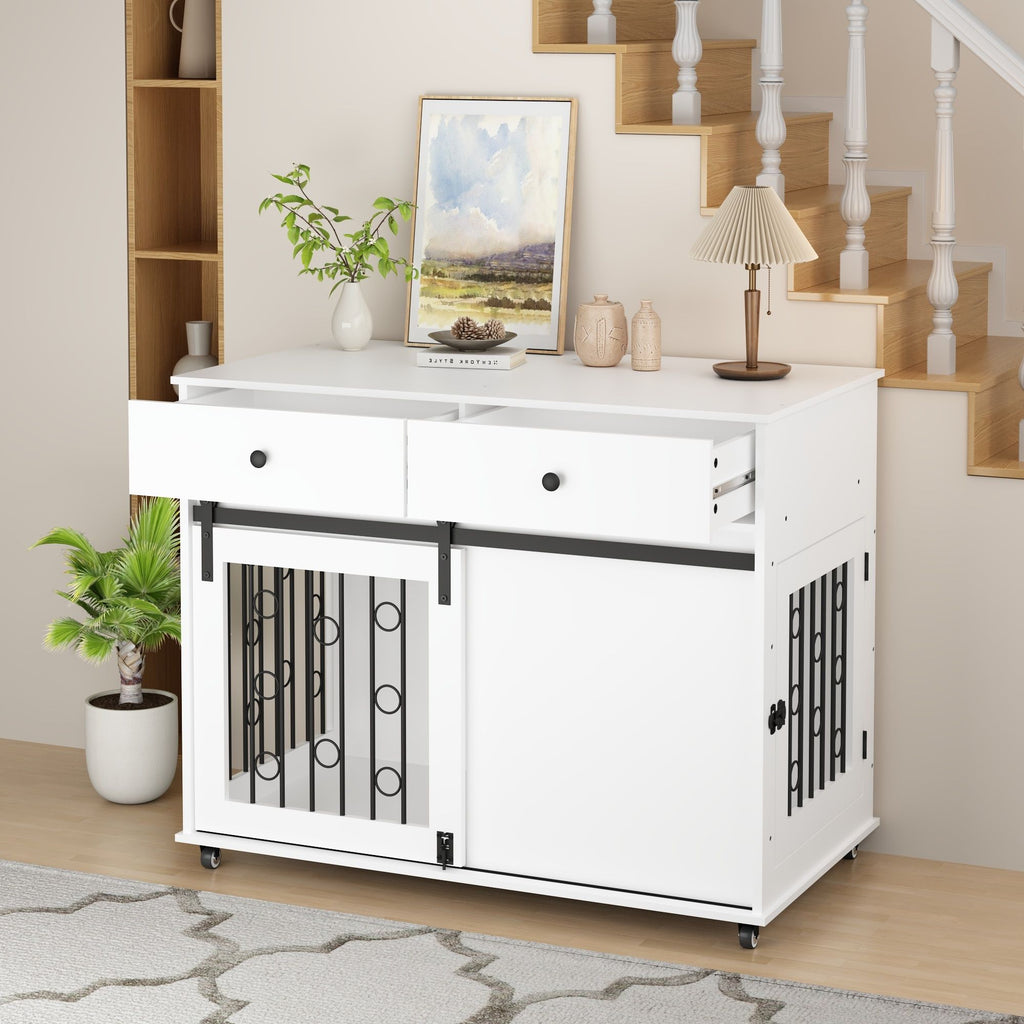 White dog kennel cabinet with two drawers and open front with black metal bars