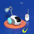 White and black automatic cat car toy with light-blue bumper and key-fob remote