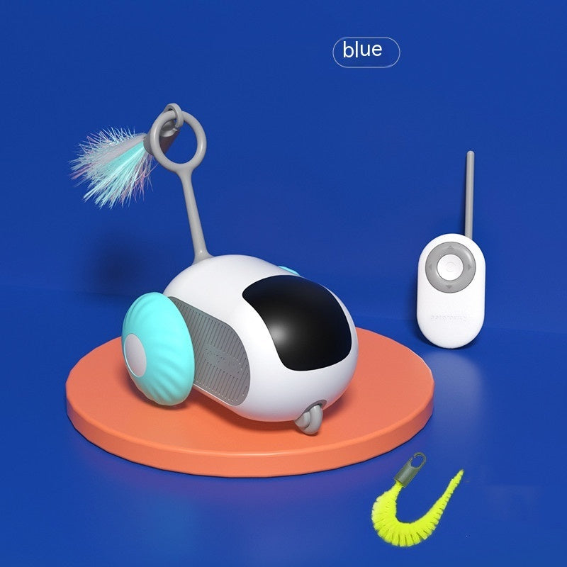 White and black automatic cat car toy with light-blue bumper and key-fob remote
