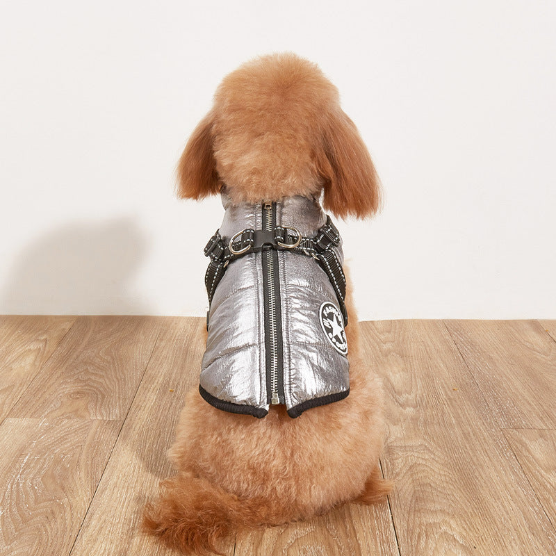 Fleece-lined padded dog coat in silver with front zipper and reflective trim