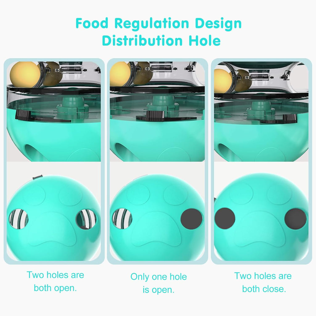 Cat treat dispenser toy with teal ball and two dispensing holes shown through clear bowl