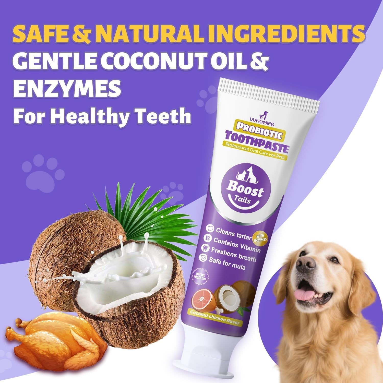Probiotic dog toothpaste with coconut oil & enzymes, purple tube for healthy teeth