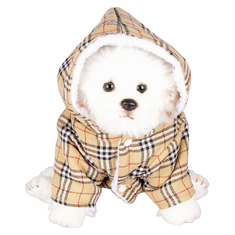 Beige plaid hooded dog sweater with white fleece trim and round button closure.
