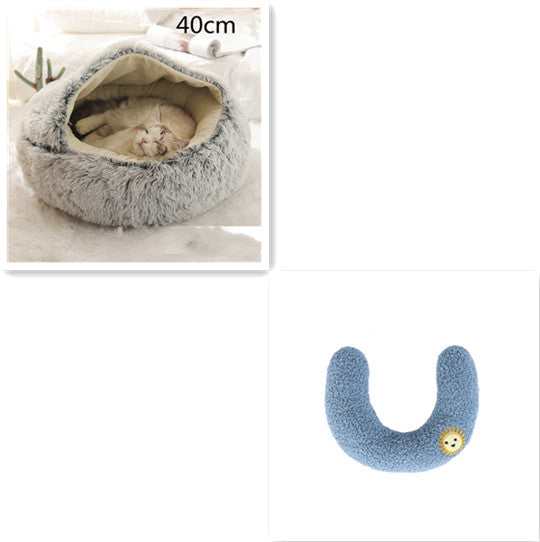 40cm round grey plush pet bed nest with blue U-shaped bolster pillow