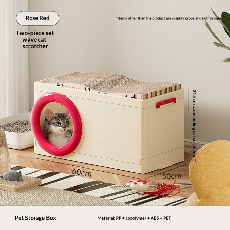 Cream pet storage box with red ring cat entrance and top corrugated scratch pad