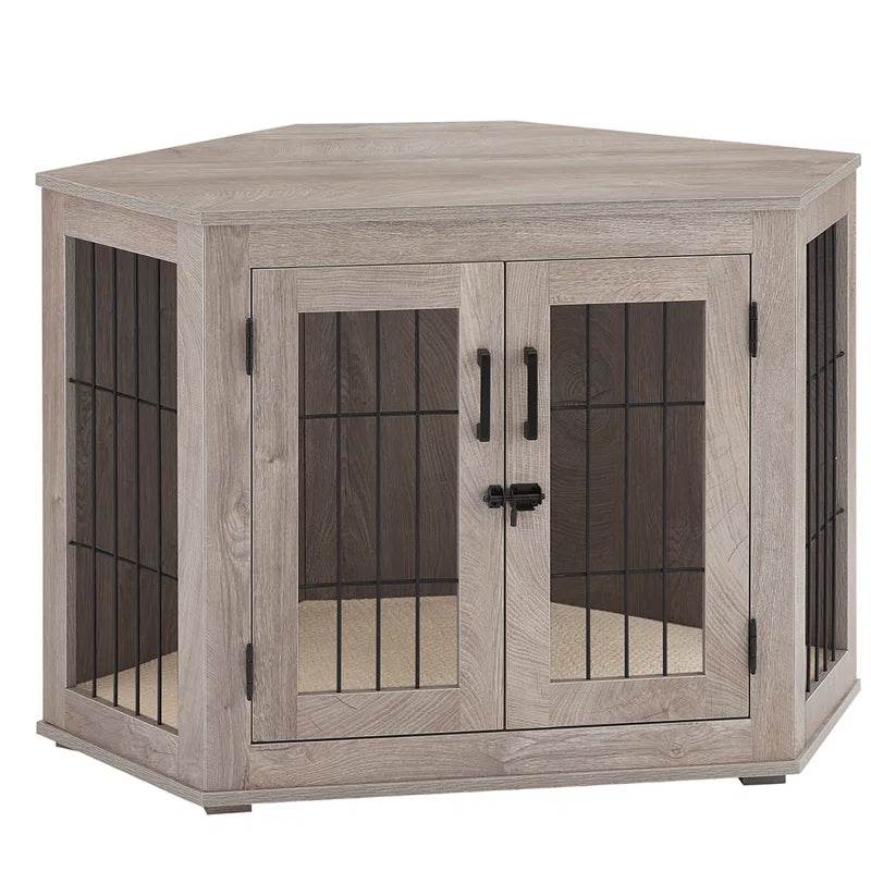 Corner dog crate with cushion, light gray cabinet with side panels and hinged doors