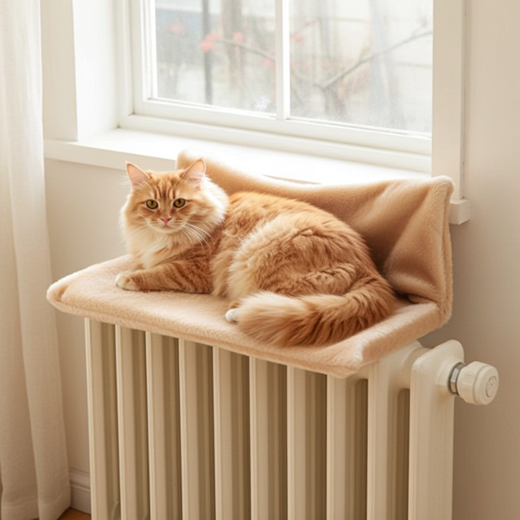 Easy Attach cat radiator bed, tan plush cushion on radiator with lounging cat
