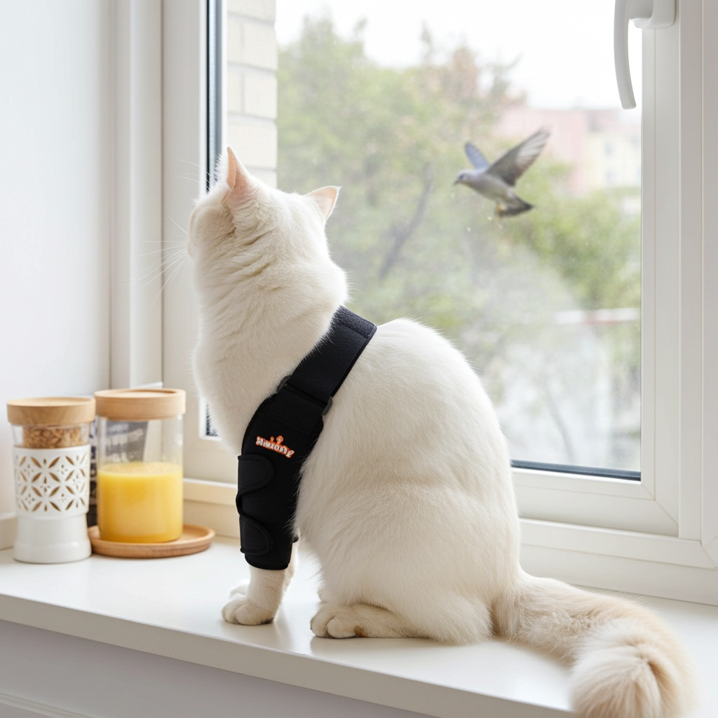 Pet elbow and shoulder brace with black straps on a white cat