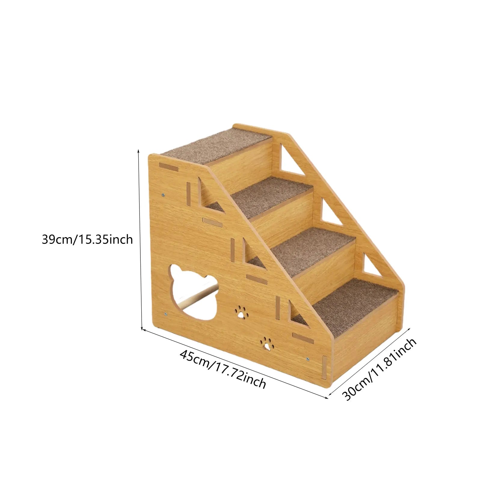 Wooden 3-step pet stairs with gray non-slip carpet pads and paw cutout