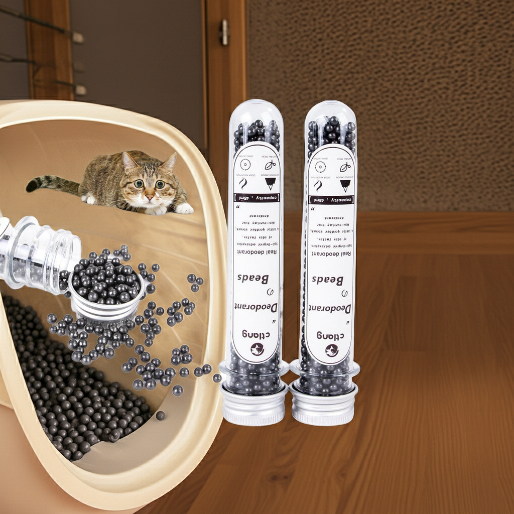 Activated carbon cat litter deodorizer bottles with dark granules, fragrance-free