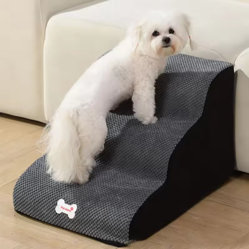 Grey removable pet slope stairs with textured top and dark side panels