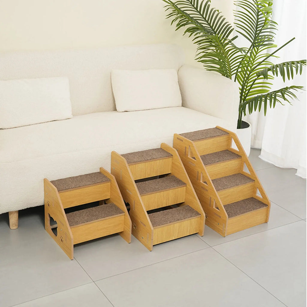 Wooden pet stairs with 3 steps and gray carpet treads, non-slip ramp