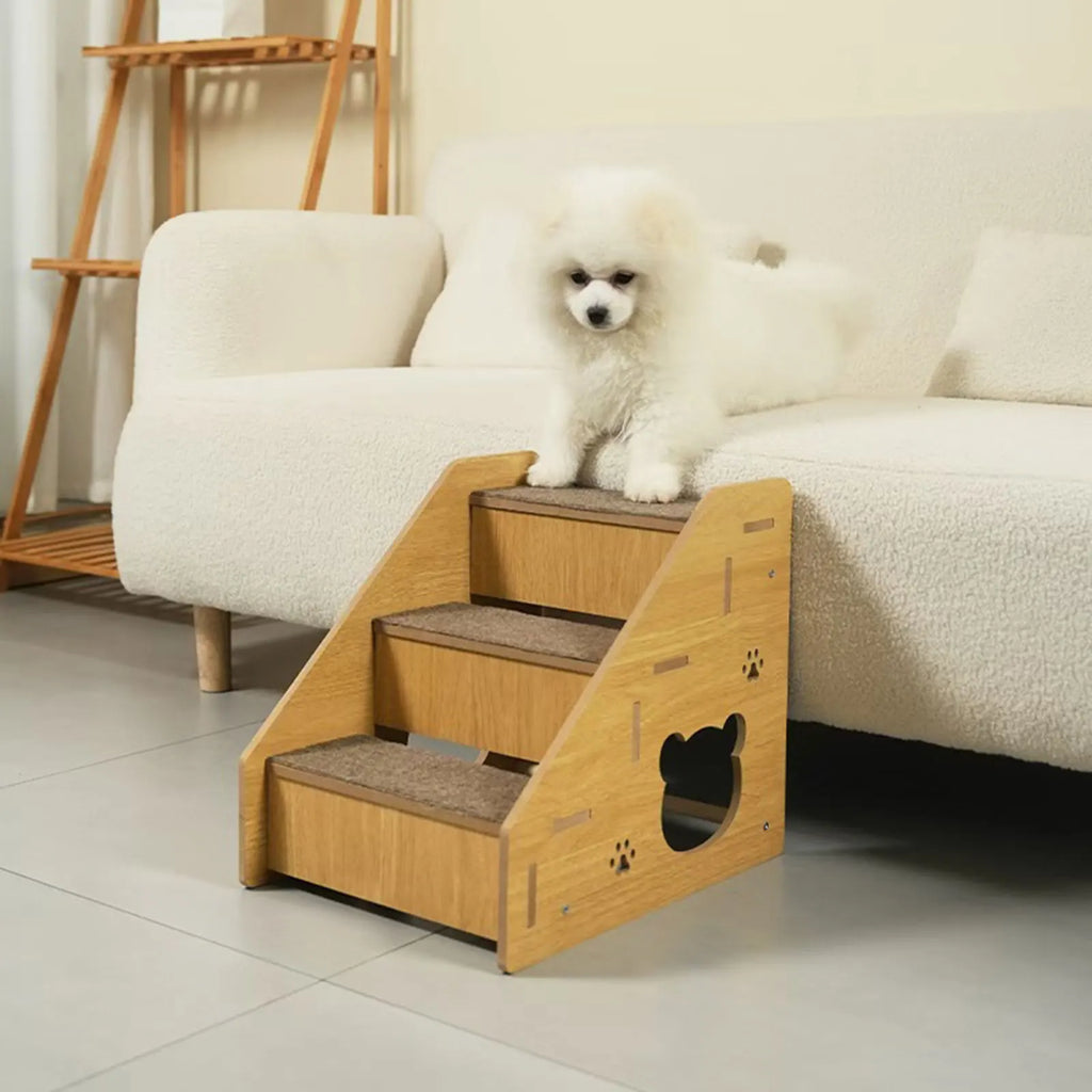 Wooden pet stairs with gray carpet steps and a side pet-entry cutout