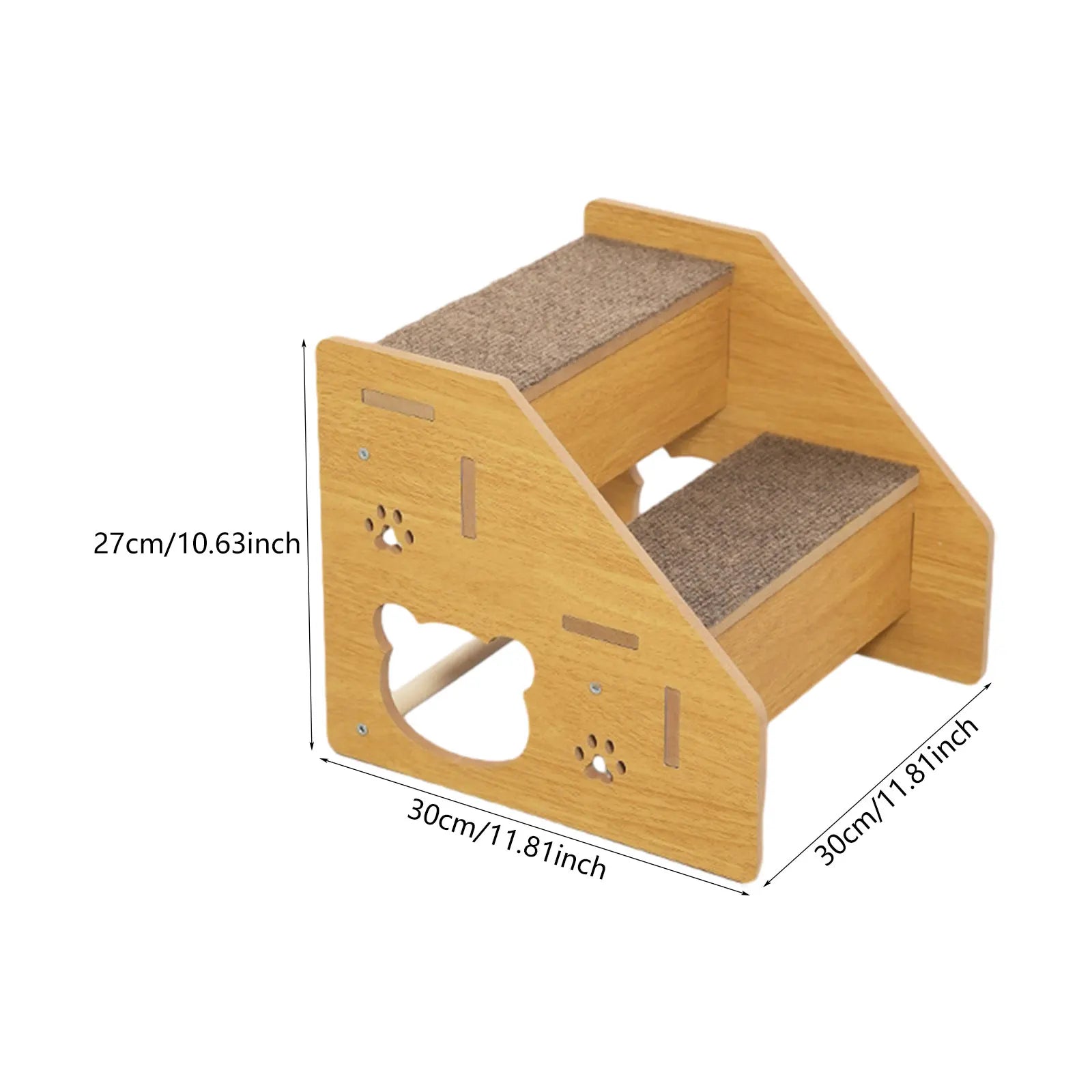 Three-step wooden pet stairs with gray carpet treads and heart paw-shaped front cutout
