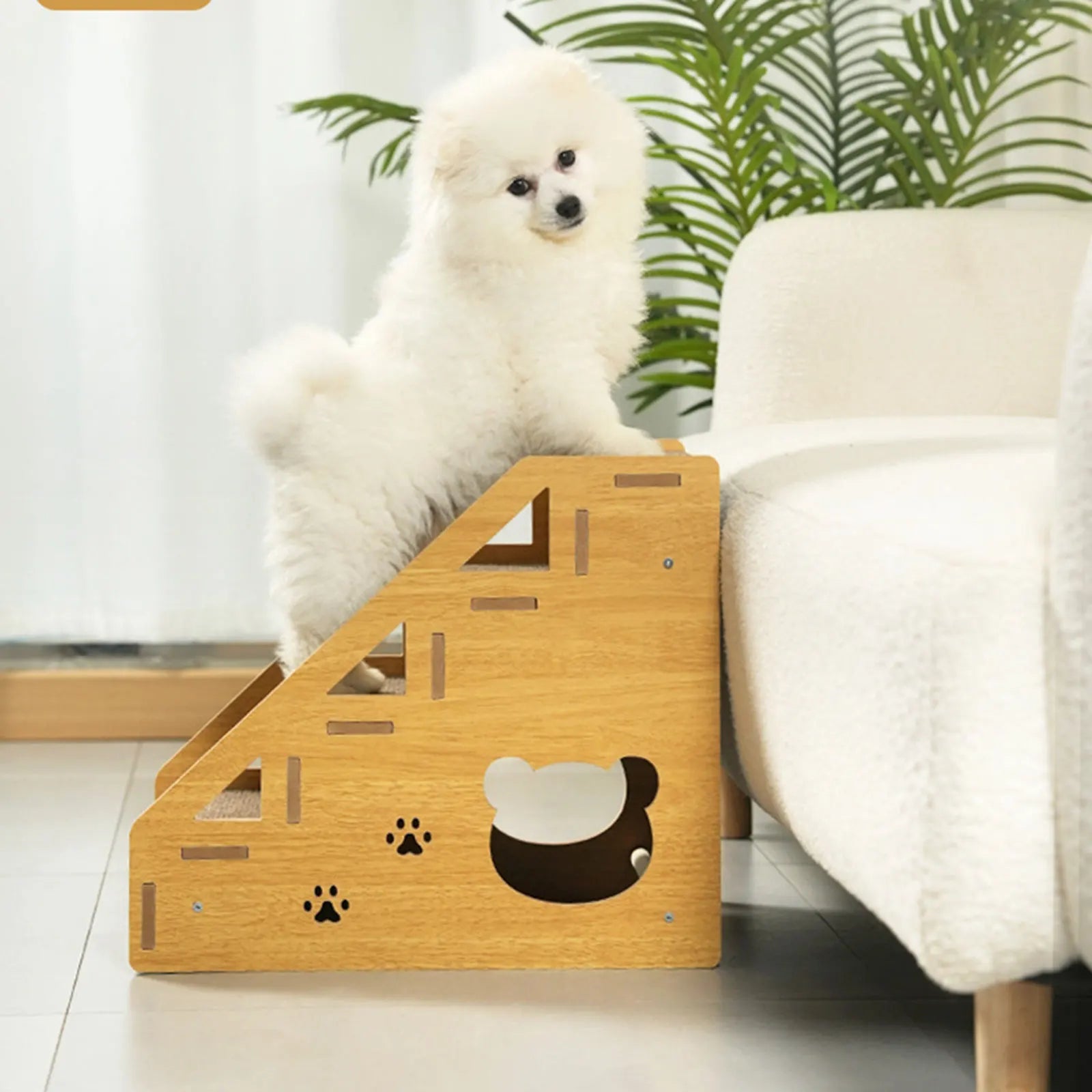 Wooden pet stairs with 3 sloped steps and gray non-slip carpet pads
