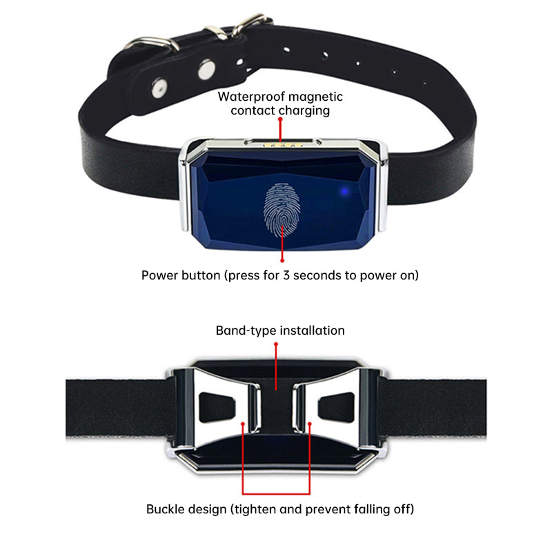 Black waterproof GPS pet tracker collar with glowing screen and secure buckle strap