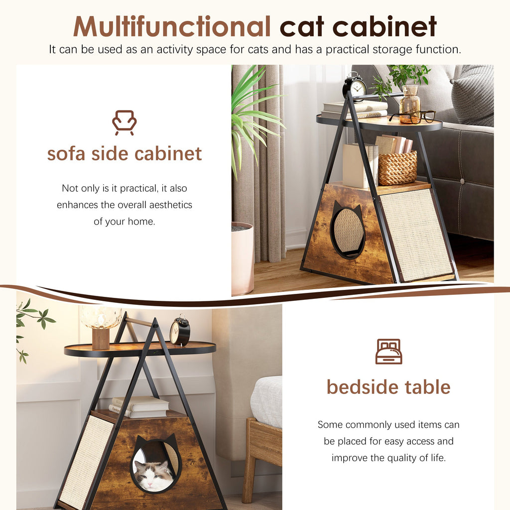 Multifunctional cat cabinet end table with top shelf, scratching side panel, and cat bed opening