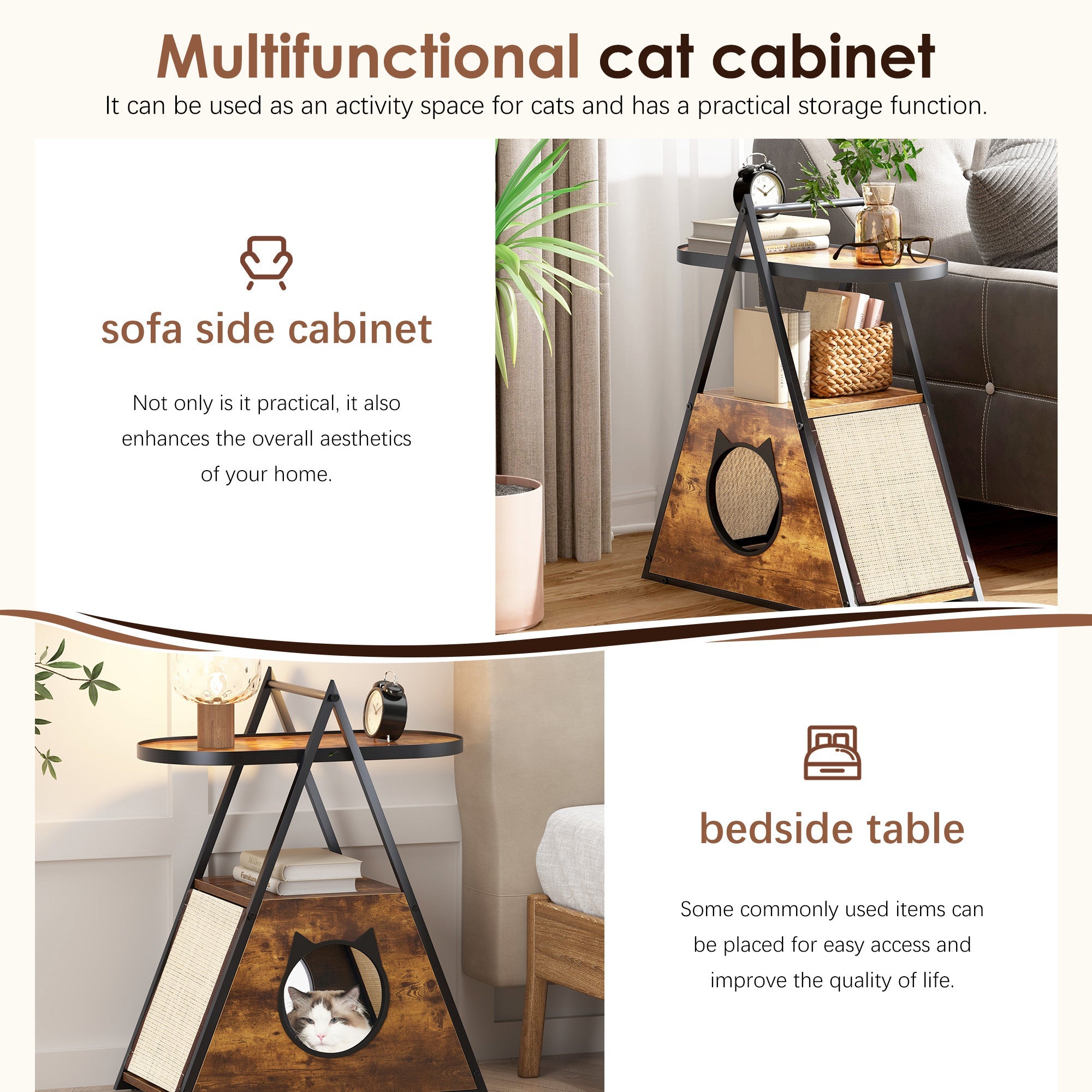 Multifunctional cat cabinet end table with top shelf, scratching side panel, and cat bed opening