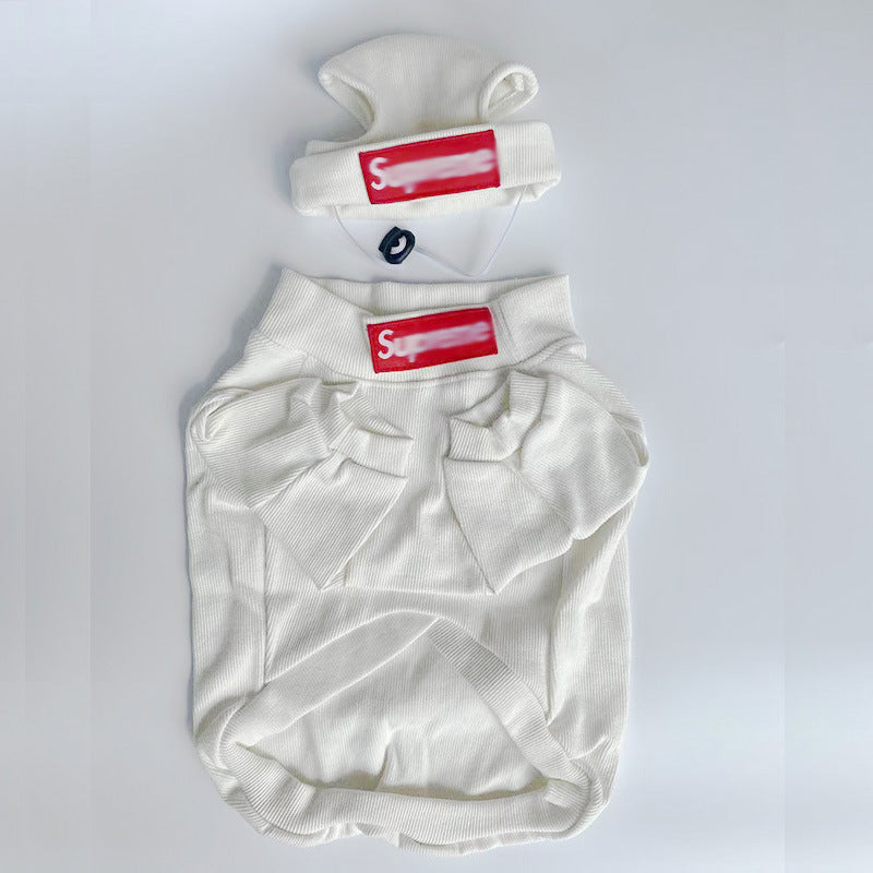 White dog outfit and knit hat set with red logo patches