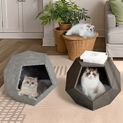 Two-tone hexagon pet furniture with cats sitting inside dark gray MDF boxes