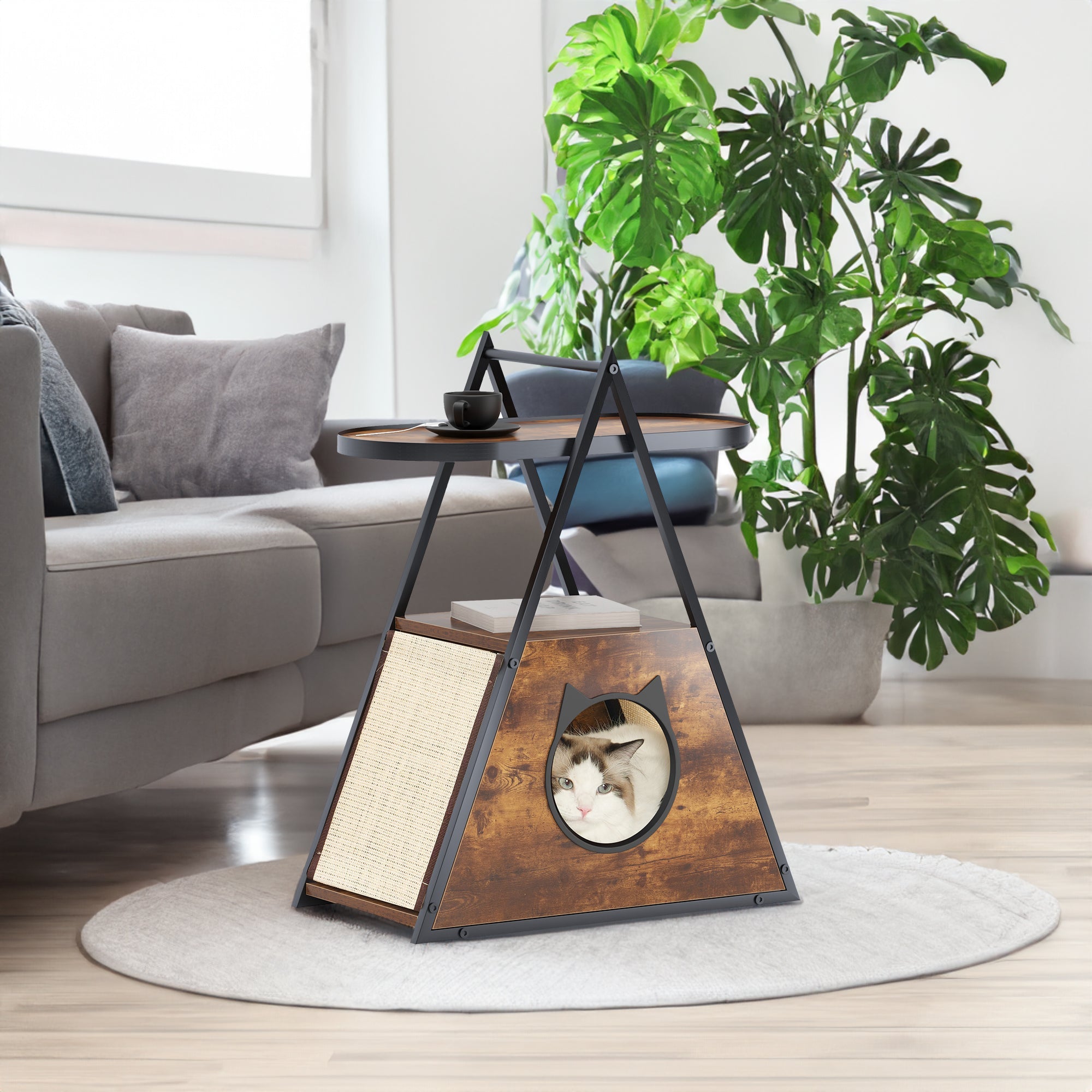 Black cat house end table with top shelf, side scratching panel, and semi-open cat bed
