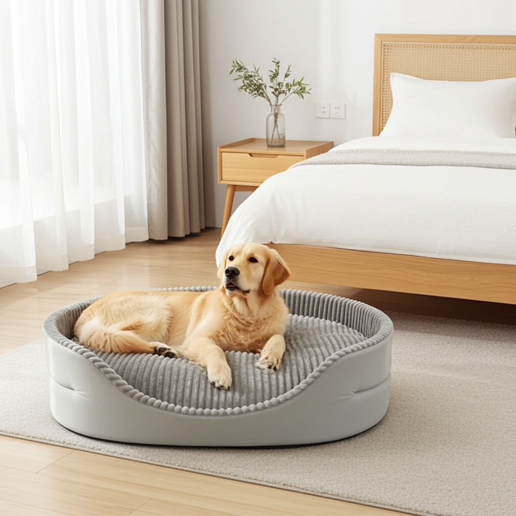 Extra-large round gray dog bed with raised edge and cushioned center
